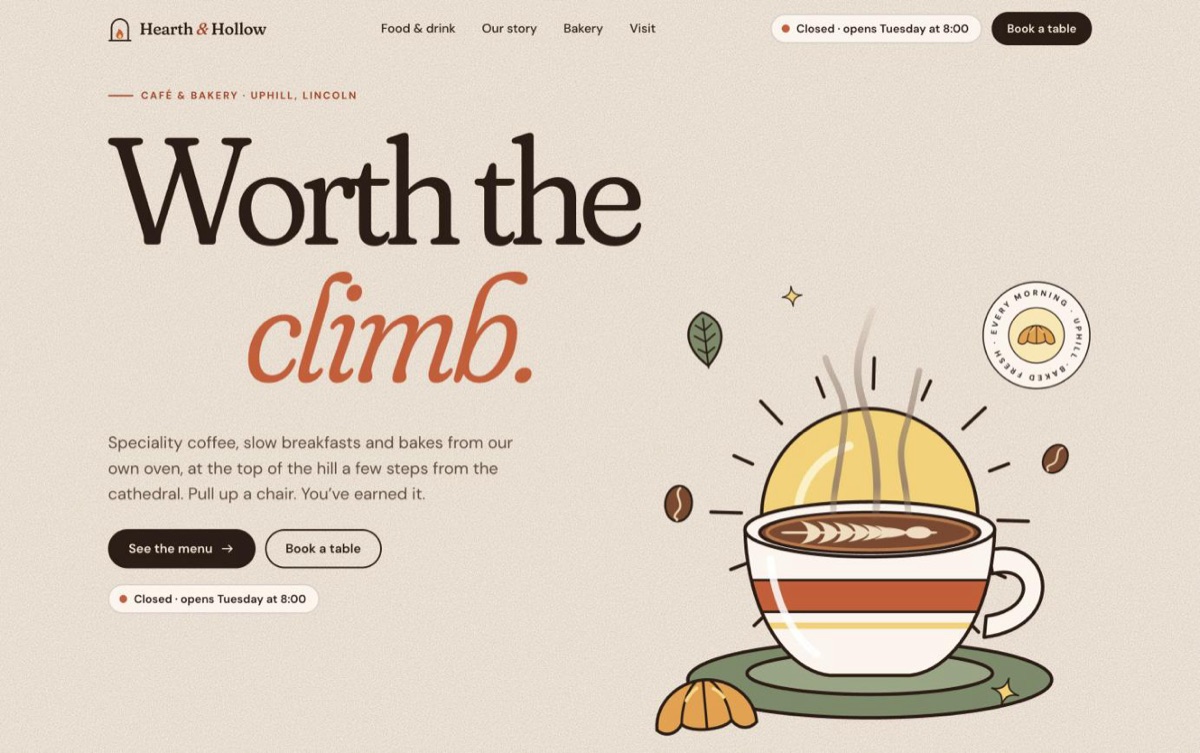 The Hearth & Hollow café concept site.