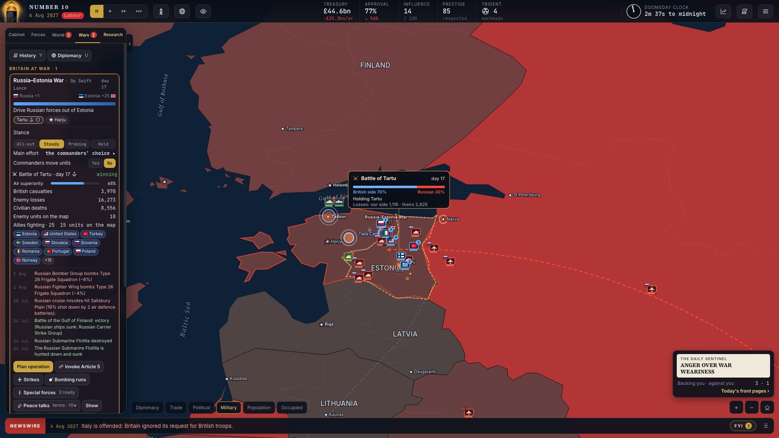 The Battle of Tartu on the map, with the war card open: stance, air superiority, losses and allies.