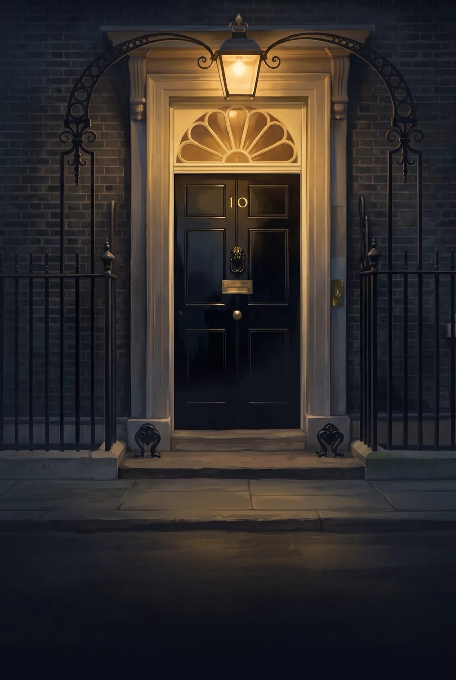 The door of Number 10 at night, painted, the lamp lit above it.