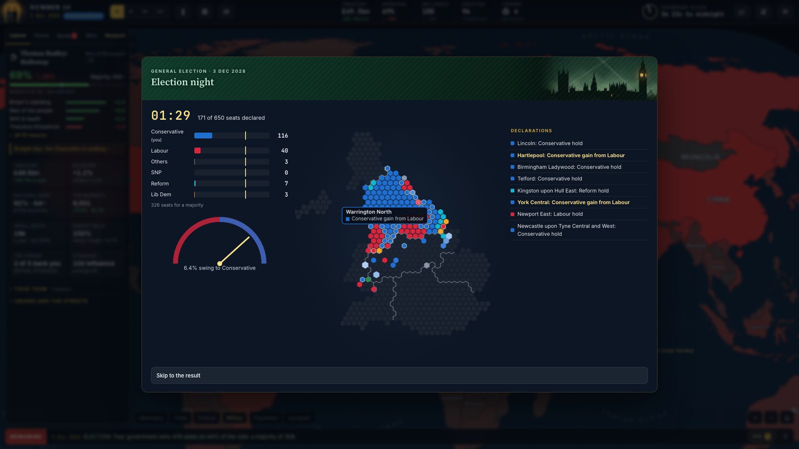Election night: the seat count, the swing, and Britain filling in seat by seat on a hex map.